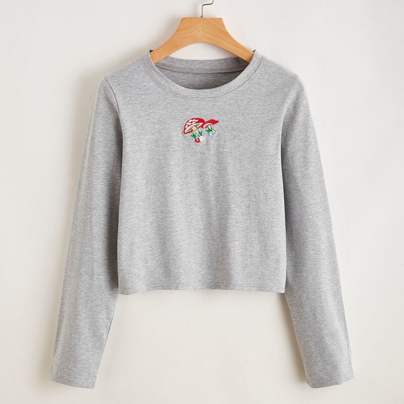 

Mushroom Embroidery Crop Tee, Light grey
