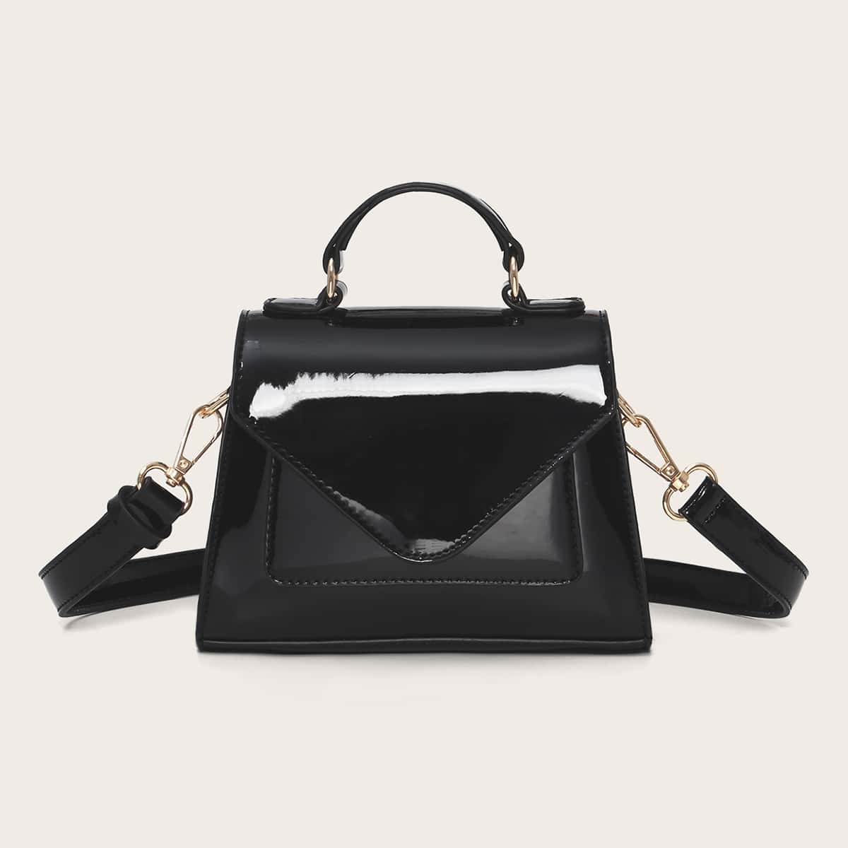 

Top Handle Patent Satchel Bag, Black