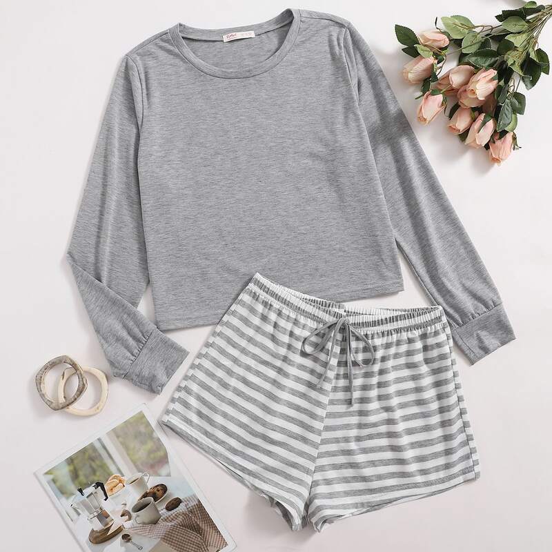 

Stripe Tie Front Shorts PJ Set, Grey