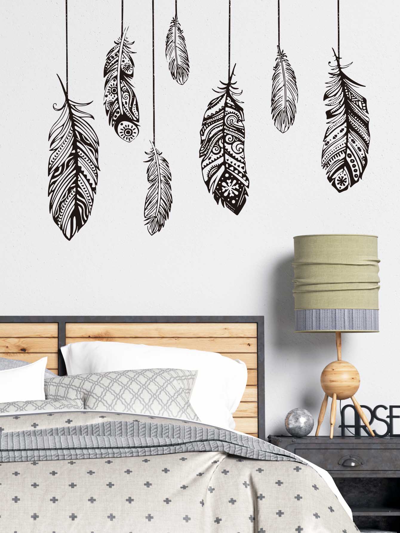 Feather Print Wall Sticker, Black Self Adhesive Wall At Decal For Home Decor - Black - View 1