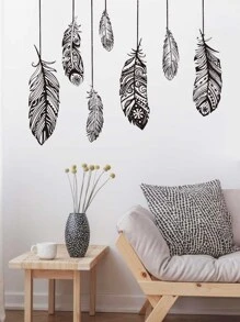 Feather Print Wall Sticker, Black Self Adhesive Wall At Decal For Home Decor - Black - View 3