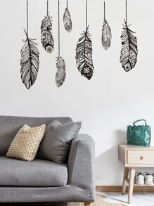 Feather Print Wall Sticker, Black Self Adhesive Wall At Decal For Home Decor - Black - View 4