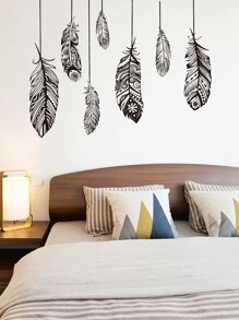 Feather Print Wall Sticker, Black Self Adhesive Wall At Decal For Home Decor - Black - View 5