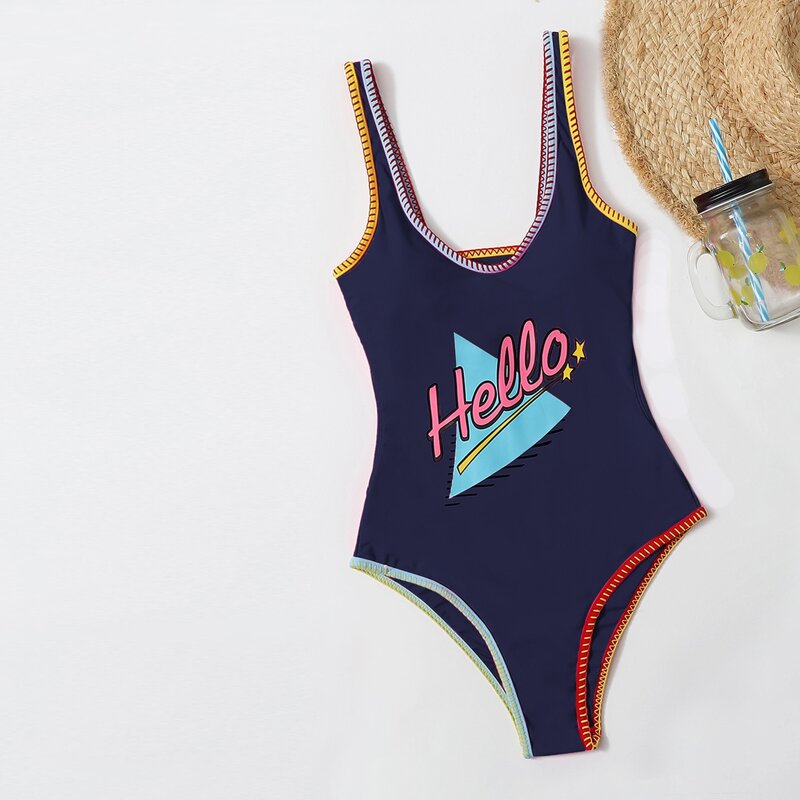 

Letter Graphic Whip Stitch One Piece Swimsuit, Navy blue