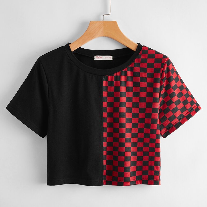 

Contrast Plaid Crop Tee, Multicolor