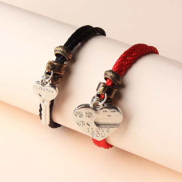 

2pcs Heart Charm Bracelet, Multicolor
