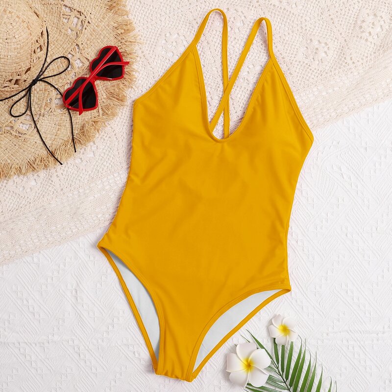 

Criss Cross Back One Piece Swimsuit, Yellow