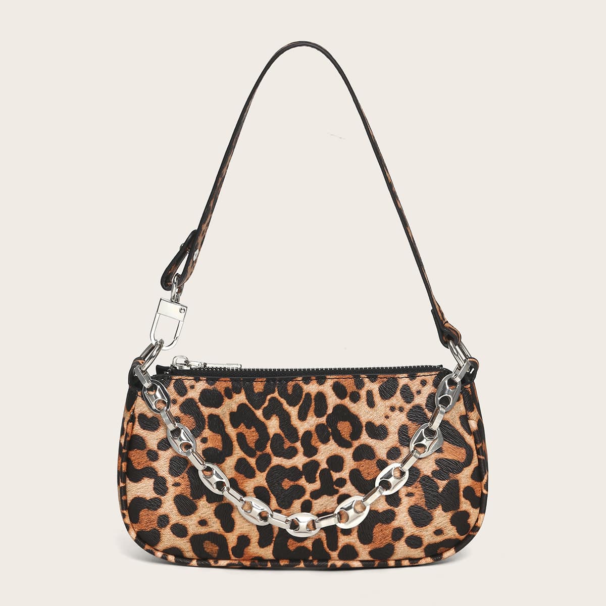 

Chain Decor Leopard Baguette Bag, Brown