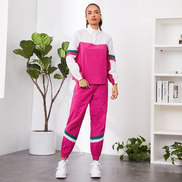 

Zipper Half Placket Striped Wind Jacket & Sweatpants Set, Pink