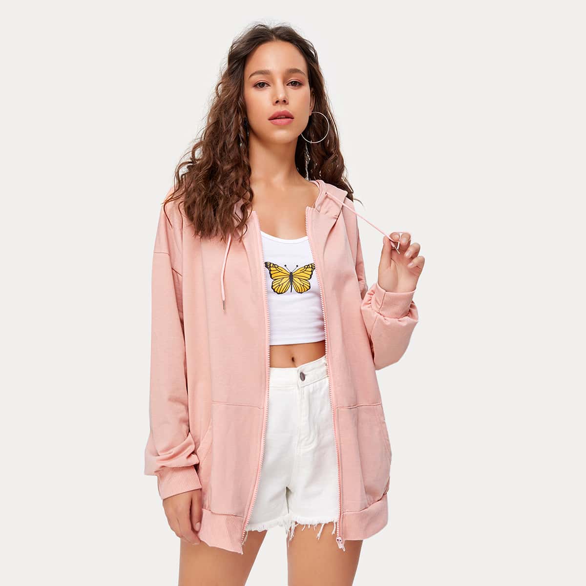 

Solid Zip Up Oversized Hoodie, Baby pink