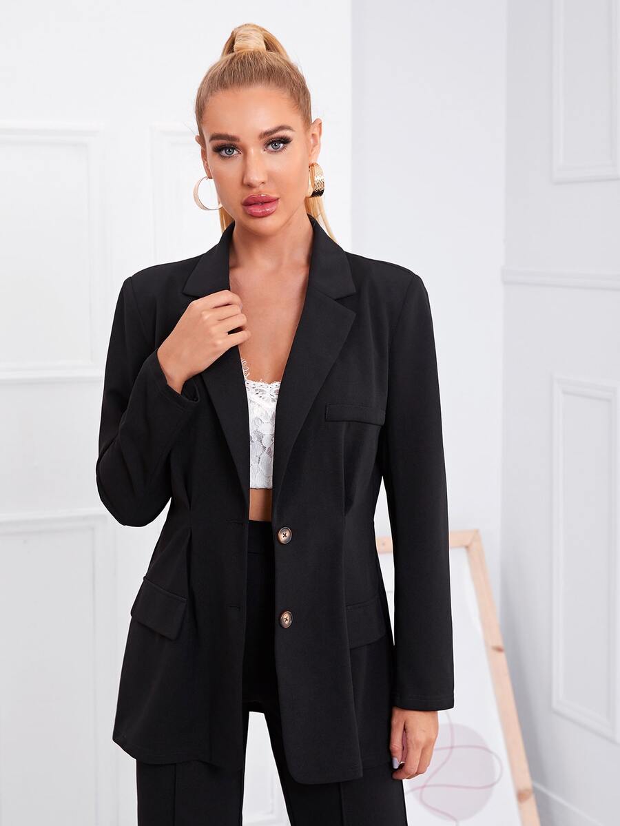 SHEIN Privé Lapel Neck Solid Blazer - Black - View 1