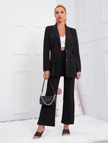 SHEIN Privé Lapel Neck Solid Blazer - Black - View 3