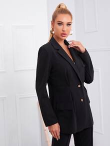 SHEIN Privé Lapel Neck Solid Blazer - Black - View 4