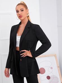 SHEIN Privé Lapel Neck Solid Blazer - Black - View 5