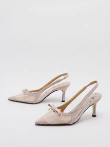 尖頭波點高跟鞋,透明粉色網格蝴蝶結裝飾,細跟低跟時尚優雅後帶高跟單鞋(女式) - 卡其色 - 查看 2