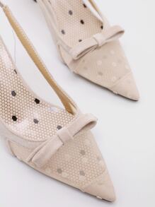 尖頭波點高跟鞋,透明粉色網格蝴蝶結裝飾,細跟低跟時尚優雅後帶高跟單鞋(女式) - 卡其色 - 查看 3