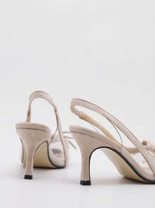 尖頭波點高跟鞋,透明粉色網格蝴蝶結裝飾,細跟低跟時尚優雅後帶高跟單鞋(女式) - 卡其色 - 查看 4