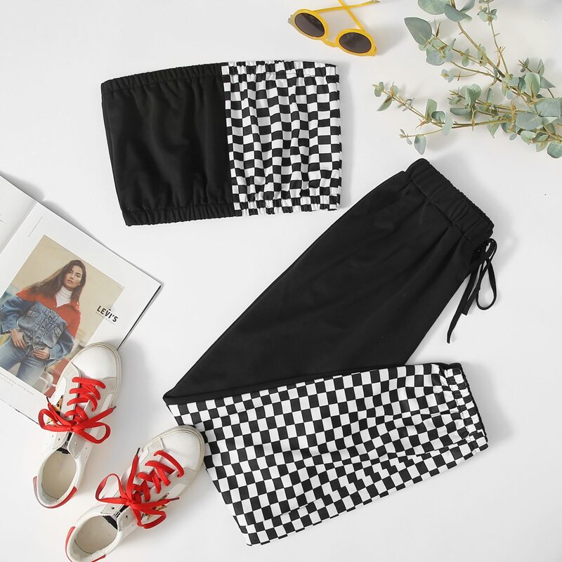 

Contrast Checkerboard Tube Top & Sweatpants, Black and white