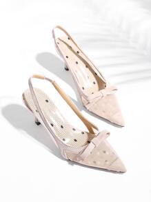 尖頭波點高跟鞋,透明粉色網格蝴蝶結裝飾,細跟低跟時尚優雅後帶高跟單鞋(女式) - 卡其色 - 查看 5