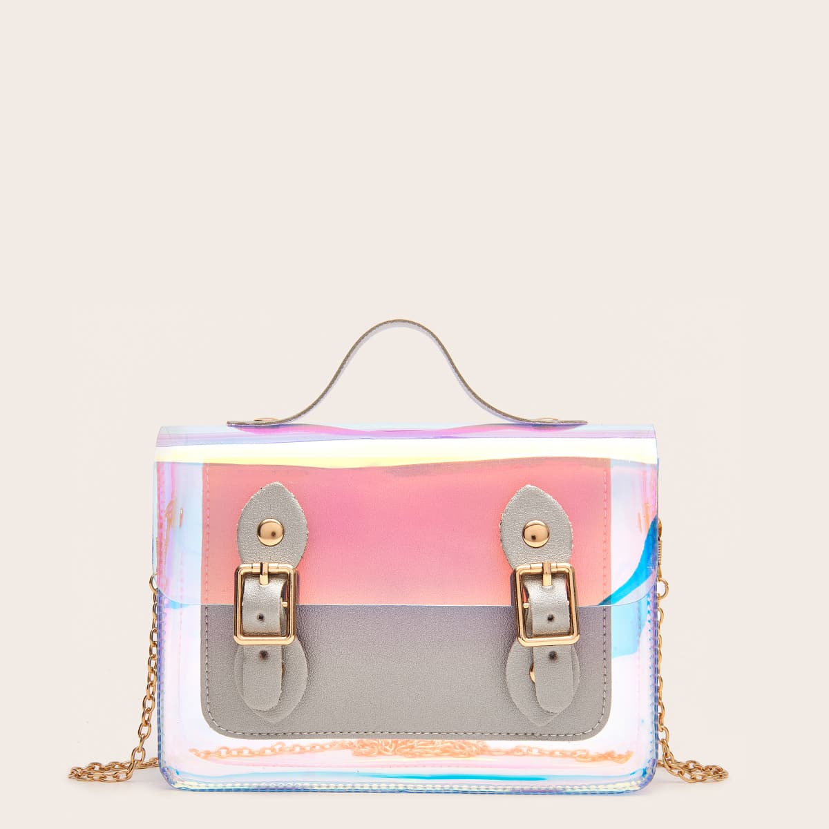 

Pin Buckle Front Holographic Satchel Bag, Silver