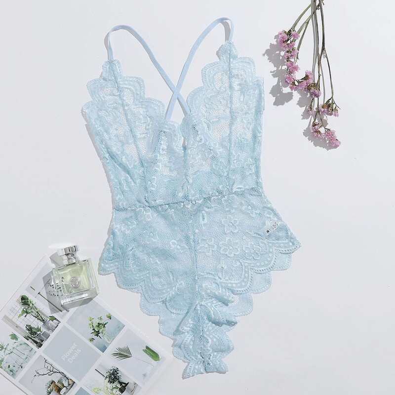 

Scallop Floral Lace Crisscross Teddy Bodysuit, Baby blue