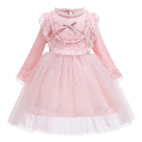

Toddler Girls Contrast Lace Bow Front Bodice Gown Dress, Baby pink