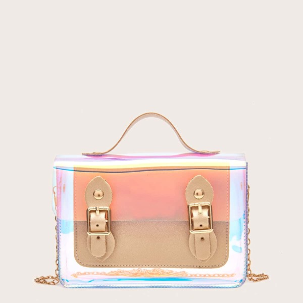 

Pin Buckle Front Holographic Satchel Bag, Gold