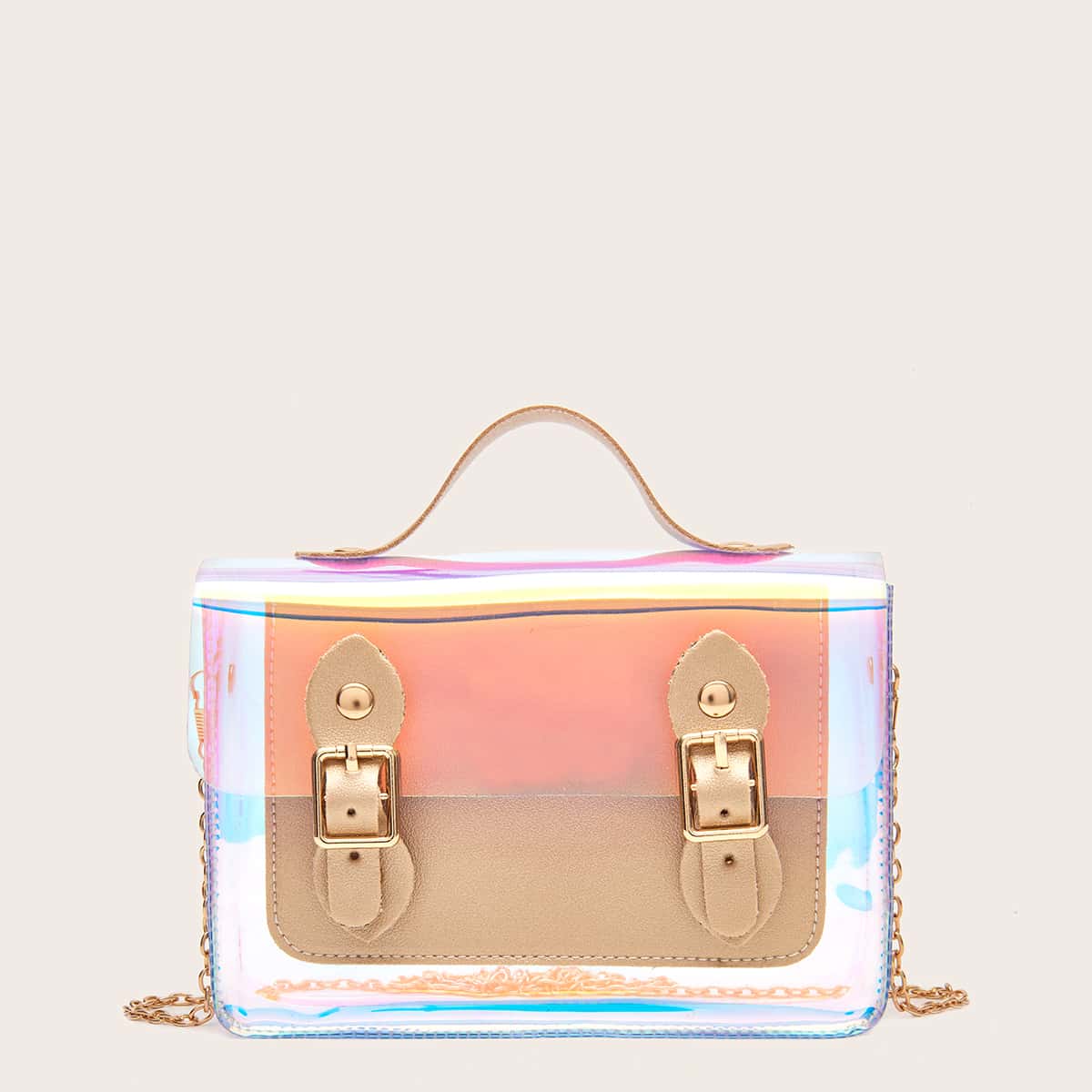 

Pin Buckle Front Holographic Satchel Bag, Gold