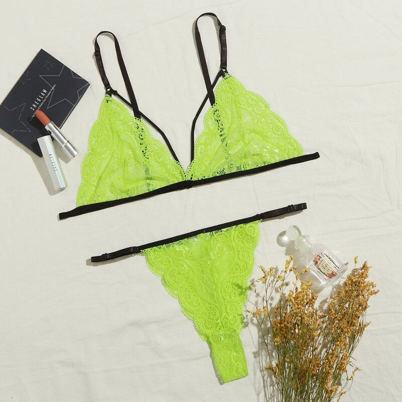 

Floral Lace Thong Lingerie Set, Green neon