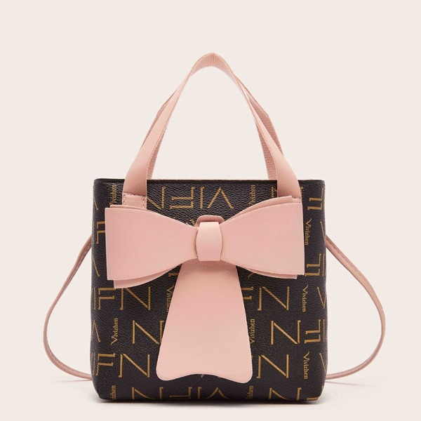 

Bow Decor Letter Graphic Double Handle Satchel Bag, Pink