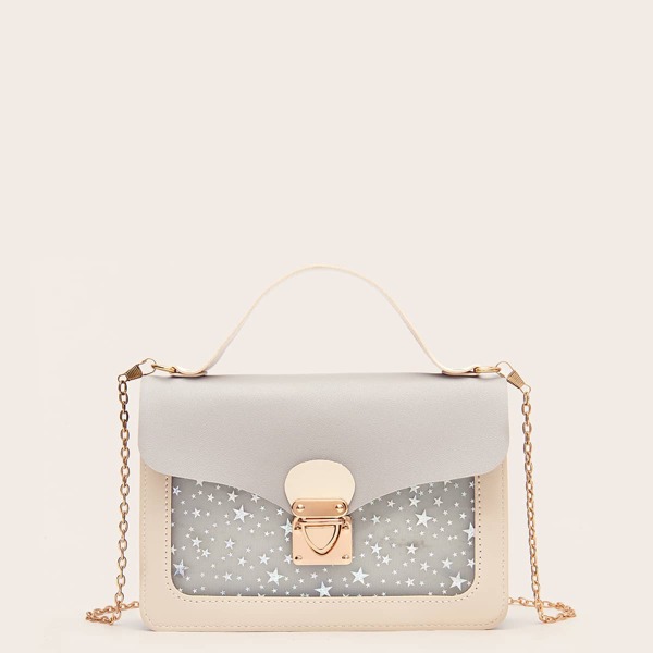 

Star Pattern Push Lock Satchel Bag, Grey