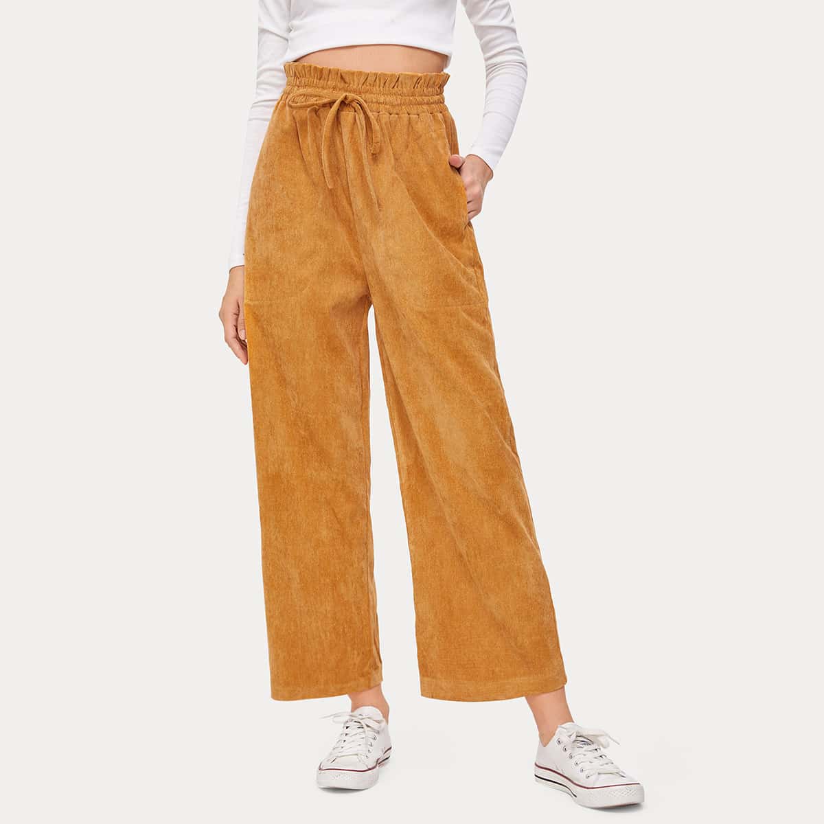 

Solid Corduroy Paperbag Waist Pants, Ginger