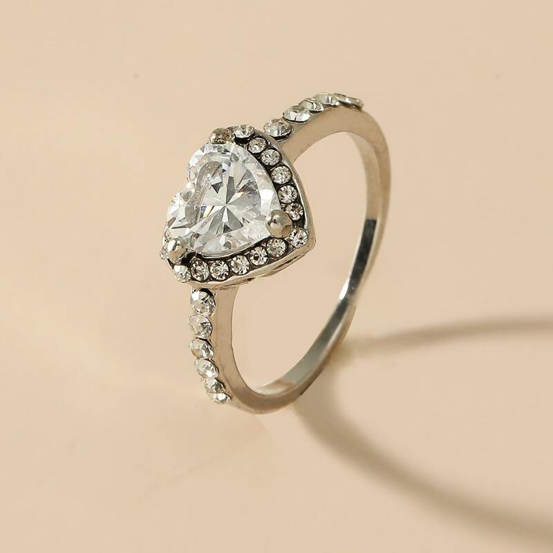 

Rhinestone Decor Heart Design Ring, Silver