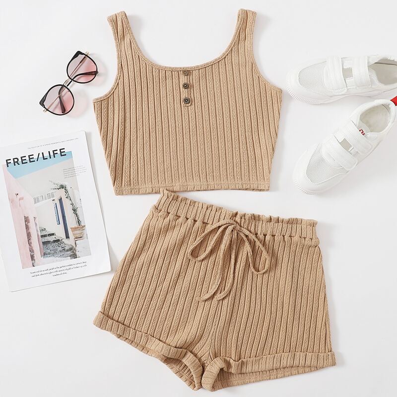 

Button Front Tank Top & Paperbag Waist Shorts Set, Khaki