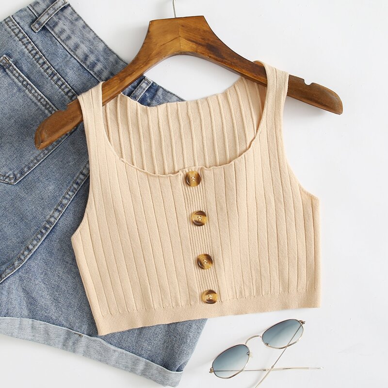 

Button Front Solid Knit Top, Apricot