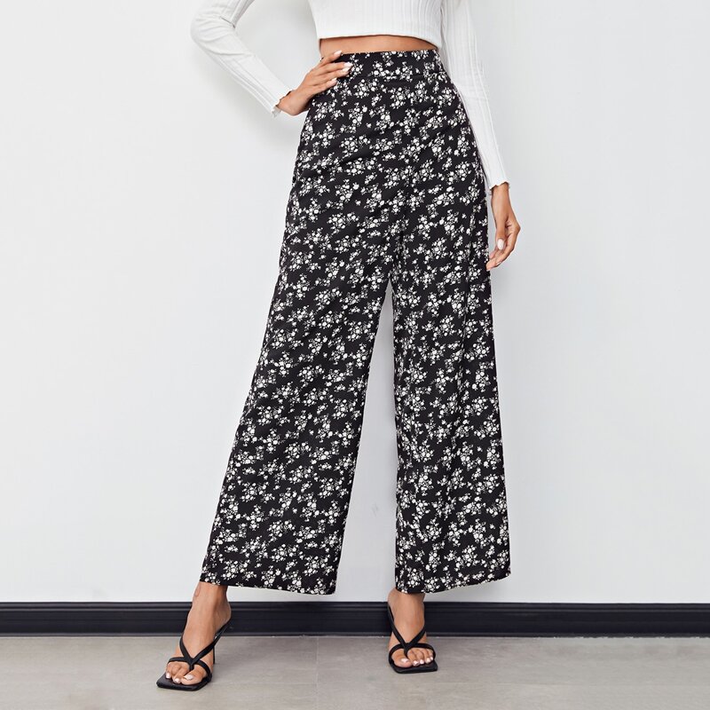 

Slant Pocket Floral Print Wide Leg Pants, Black and white