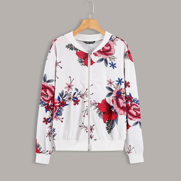 

Floral Print Zip Up Bomber Jacket, White