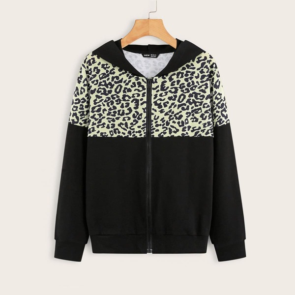 

Leopard Spliced Zip Up Hooded Jacket, Multicolor