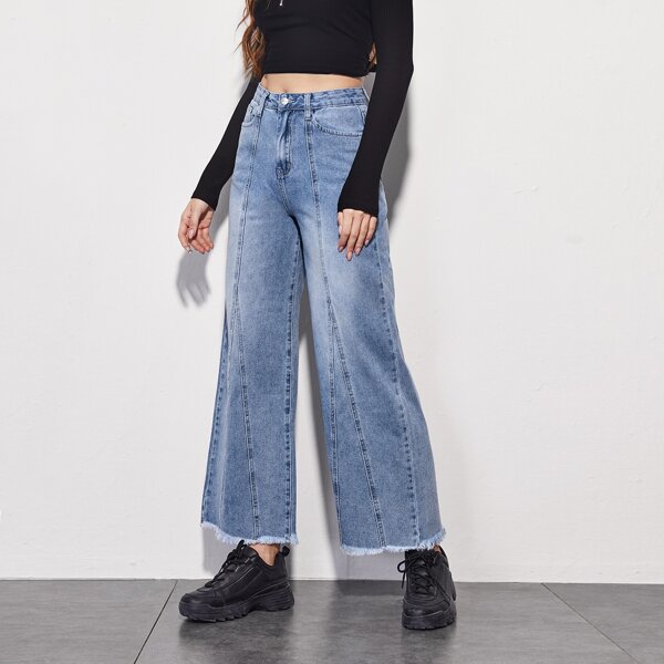 

High Waisted Raw Hem Wide Leg Jeans, Medium wash