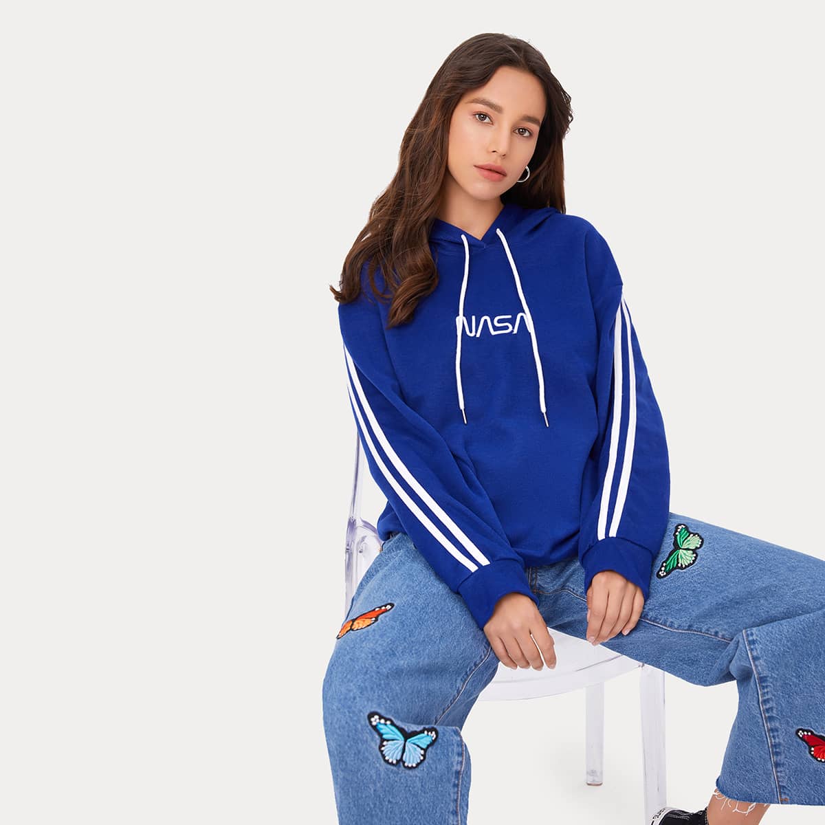 

Letter Embroidery Stripe Tape Hoodie, Royal blue