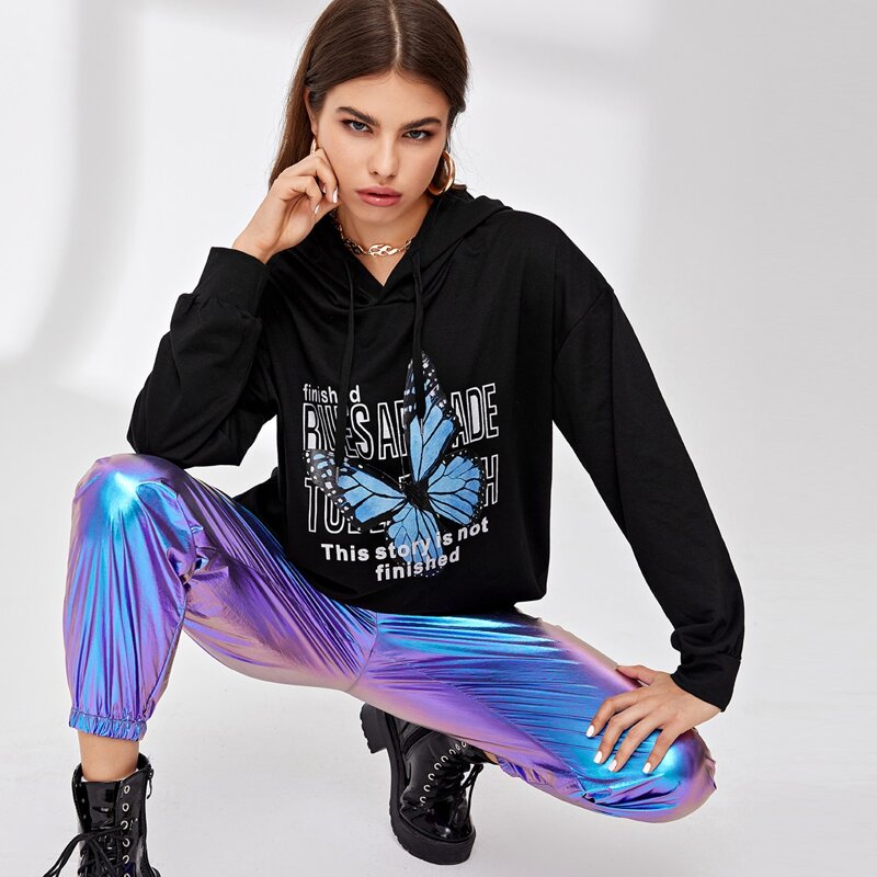 

Butterfly & Letter Graphic Hoodie, Black