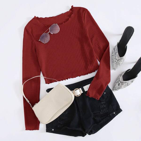 

Lettuce Trim Rib-knit Tee, Rose red