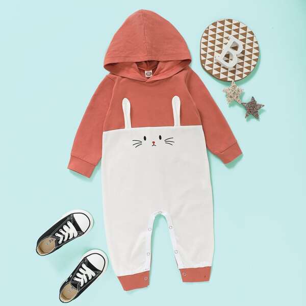 

Baby Girl 3D Rabbit Ear Design Spliced Hooded Jumpsuit, Multicolor