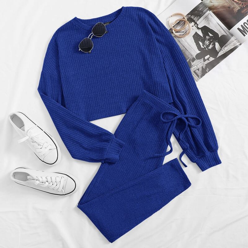 

Drop Shoulder Rib-knit Crop Top & Knot Waist Leggings Set, Royal blue