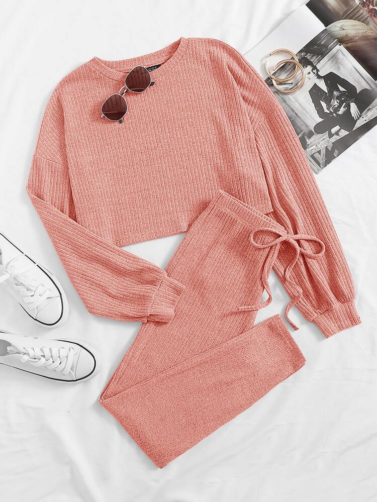 SHEIN 落肩羅紋針織短版上衣和結飾腰緊身褲套裝 - 珊瑚粉 - 查看 1