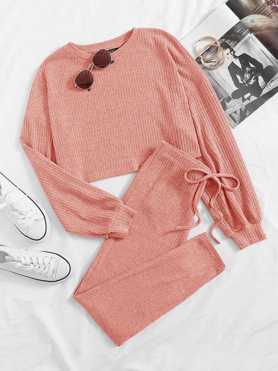 SHEIN Drop Shoulder Rib-knit Crop Top & Knot Waist Leggings Set - Coral Pink - View 1