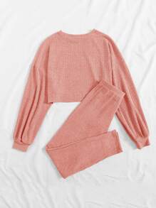 SHEIN Drop Shoulder Rib-knit Crop Top & Knot Waist Leggings Set - Coral Pink - View 2