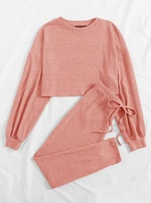 SHEIN Drop Shoulder Rib-knit Crop Top & Knot Waist Leggings Set - Coral Pink - View 3