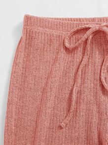 SHEIN Drop Shoulder Rib-knit Crop Top & Knot Waist Leggings Set - Coral Pink - View 5