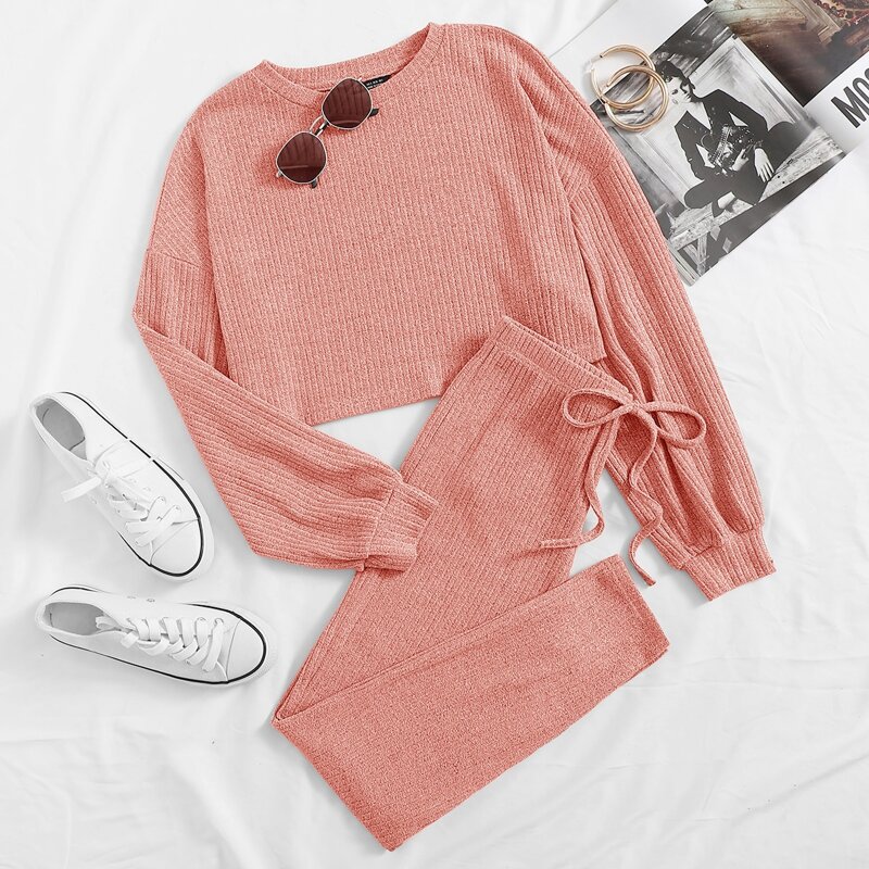 

Drop Shoulder Rib-knit Crop Top & Knot Waist Leggings Set, Coral pink